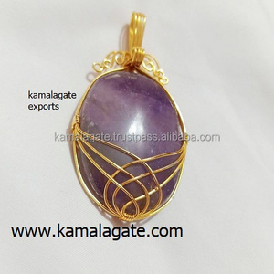 Handmade Golden <b>Wire</b> Wrapped Oval Shaped Amethyst Natural Crystal Agate Pendant Necklace Floral Reiki Healing Gemstone <b>Flower</b> - Product Image 2