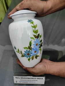 <b>Large</b> Aluminum <b>Urn</b> Container Hand Painted White with Brassworld India Logo Funeral Supplies for Men and Women - Product Image 5