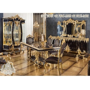 เฟอร์นิเจอร์ห้องรับประทานอาหารสไตล์ราชวงศ์ สีดำทอง ขัดเงา ผลงานชิ้นเอก โต๊ะรับประทานอาหารสีดำทอง แกะสลักลายทองดำ เฟอร์นิเจอร์ห้องรับประทานอาหาร - Product Image 1
