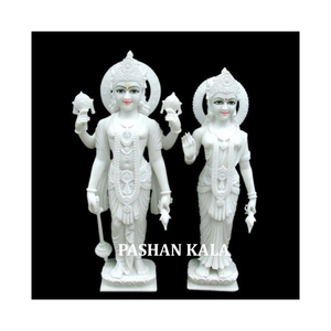 Statue de Vishnu Laxmi en marbre peinte à la main, sur pied, de couleur blanche - Product Image 1