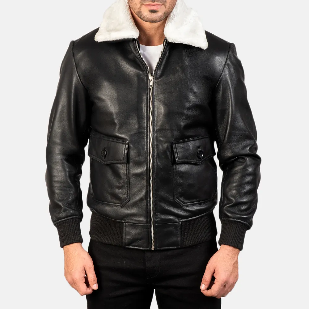 Latest design G-1 Black & White Leather Bomber Jacket / Men Leather Jacket / Leather Jacket With Fur Collar