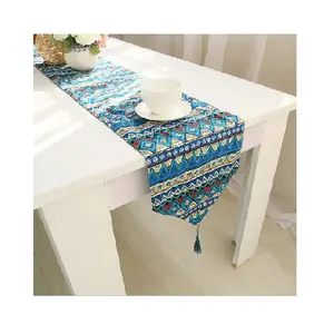 Corredor de mesa estampado de linho e algodão, cor azul, com borla pequena, pontas de algodão orgânico certificadas