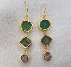 Boucles d'oreilles pendantes en pierre brute aventurine verte labradorite et améthyste bijoux crochet plaqué or boucles d'oreilles pour filles et femmes paires - Product Image 1