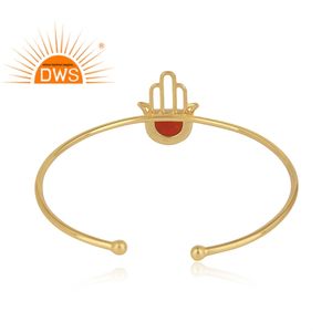 Fashion Designer Hamsa Hand <b>Cuff</b> Bangle Red Onyx Gemstone Set Gold Plated <b>Silver</b> 925 Bangle Jewelry Supplier - Product Image 3