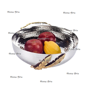 Cuenco de frutas martillado de acero inoxidable con base de hojas Cuenco de verduras de forma redonda de calidad de lujo de Home Arts - Product Image 1