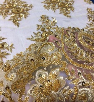 Tela de Encaje con Cuentas a Máquina de Color Dorado, Diseño de Moda de Lujo de Alta Gama, Bordado Intenso para Vestidos de Fiesta o de Novia