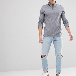 Polo personalizado para hombre, camiseta lisa acanalada de alta calidad, 210gsm, informal, para Fitness de manga larga, 100% algodón, venta al por mayor - Product Image 2