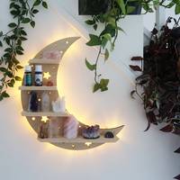 Étagères flottantes en bois avec lune en cristal géométrique en forme de croissant de lune et lumières LED