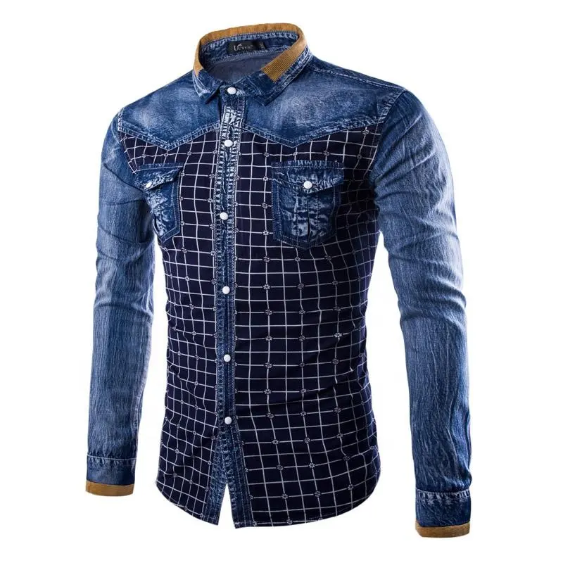 Denim gömlek yüksek kalite moda tasarım erkek kot gömlek renkli denim gömlek
