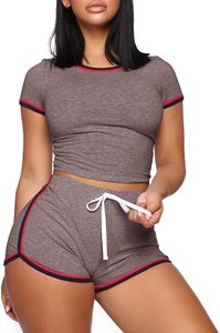 New High-Waisted Skinny <b>Tights</b> Casual Sports 2-Piece Women's Set with Solid Pattern Hip Shorts T-Shirt Knee Short Pants Suit - Product Image 2