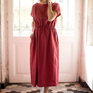Robe midi noire 100 % lin avec doublure en coton, col rond, manches courtes, taille élastique, coupe ample, formelle, tissée, couleur unie, pour l'été - Product Image 1