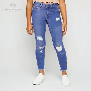 Jeans Ketat Anak Perempuan, Jeans Pinggang Tinggi Sobek Biru Cerah 2020
