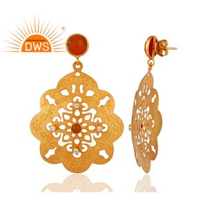 Pendientes de latón chapados en oro de 18K, fabricante de joyería de moda, conjunto de circón, pendientes colgantes de piedras preciosas de ónix rojo, joyería - Product Image 3