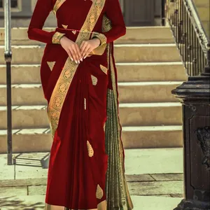Sari jacquard di seta Banarasi con camicetta da donna indossano abiti da festa per donna festival quotidiano sari di seta di cotone morbido prezzo basso all'ingrosso