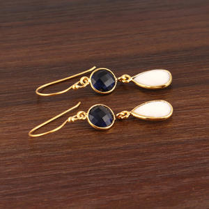 Deux niveaux de pierres précieuses boucle d'oreille damier coupe agate blanche avec iolite quartz crochet boucle d'oreille plaqué or 18k cadeau d'anniversaire gouttes - Product Image 5