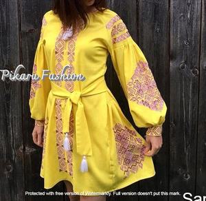 <b>Boho</b> Clothing Ukrainian Embroidery Designs Linen Dresses With Tassel Matching <b>Belt</b> Long Sleeve Maxi Dresses - Product Image 2