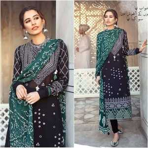 Robe pakistanaise inspirée des designers indiens, Salwar Kameez brodé, dupatta imprimé en soie, matière en viscose et coton non cousue - Product Image 5