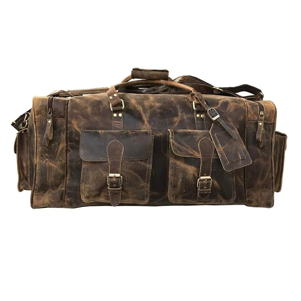 حقيبة سفر كبيرة مصنوعة يدويًا من الجلد البني/الأسود/تان حقيبة جلدية للرجال حقيبة جلدية