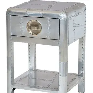 Retro Aircraft Aluminum Side Table with Storage Drawer Aviator Industrial Bedside Cabinet