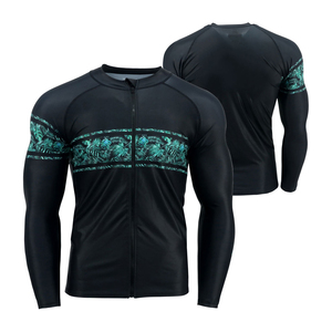 Rashguard à manches longues pour hommes, noir avec imprimé tropical, chemise de bain à séchage rapide, vêtements de protection solaire pour adultes - Product Image 1