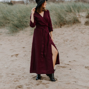 Robe longue sexy de plage, style bohème, élégante, couleur bordeaux, col en V, longueur au sol, manches courtes, 100% lin, unie, respirante - Product Image 1