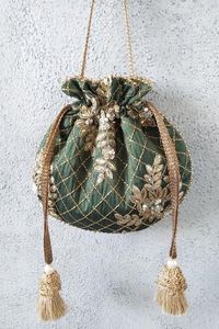 Stylish 2025 Silk Potli Bags for <b>Weddings</b> & Parties Elegantly Embellished with Zardozi Work in a Unique Designer Bucket Pattern - Product Image 2