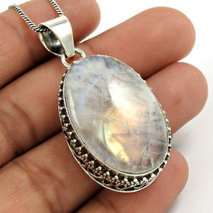 Collar con colgante de piedra lunar arcoíris Natural de forma ovalada, regalo para mujer, piedras preciosas de Plata de Ley 925, fabricante de joyería al por mayor - Product Image 1