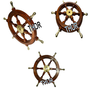 Collectible 12\" Brown Brass Handled Wooden Ship Wheel Round Model <b>Wall</b> Hanging Craft for Pirate's Home Decor Gift Idea - Product Image 4