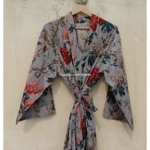 Venta al por mayor gris 100% algodón ropa de dormir largo estampado floral camisón bata de baño estilo kimono vestido de estampado indio para el verano - Product Image 6