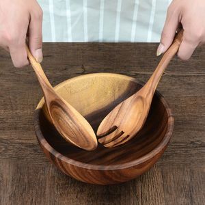 Cuenco de madera de Acacia Natural para ensalada, saludable, con juego de servidores, sólido - Product Image 5