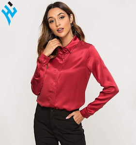 Chemisier en satin de soie pour femmes Chemisiers boutonnés de travail formel à manches longues | Office Wear Basic Simple RED Top Chemises habillées en satin de soie - Product Image 2
