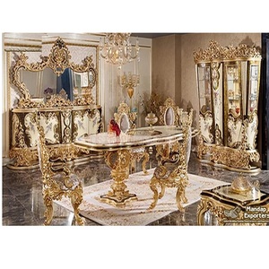 Ensemble de table à manger de luxe de style persan sculpté avec accents dorés, meubles de salle à manger de luxe, meubles de salle à manger dorés de luxe - Product Image 1