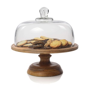 Snack Server Wooden <b>Cake</b> <b>Stand</b> with Glass <b>Dome</b> Designer Handmade Wooden <b>Cake</b> <b>Stand</b> with Glass Top - Product Image 1