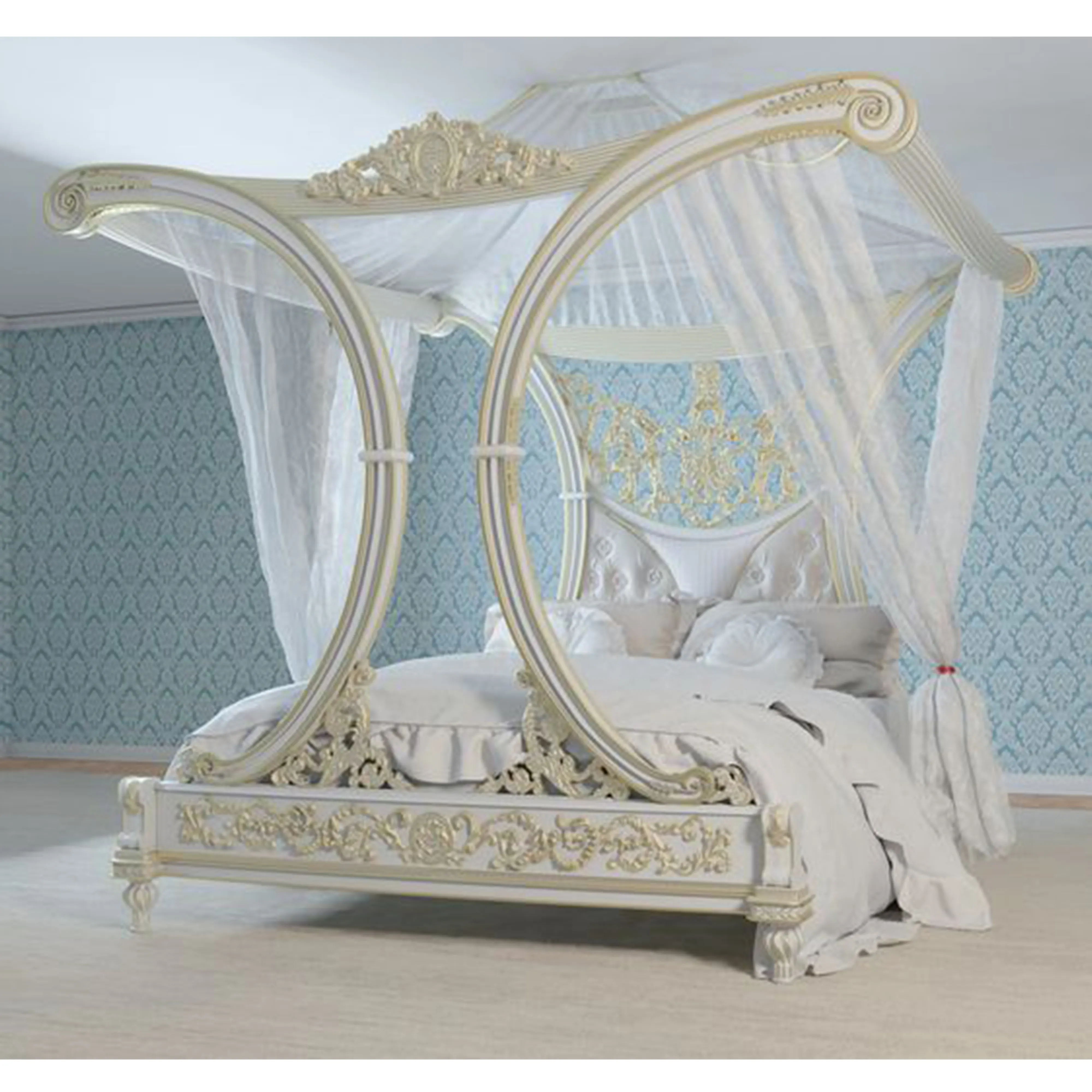 Lit d'affiche de Style classique de luxe fait de couleur blanche à partir de bois massif avec sculpture à la main pour meubles de chambre à coucher