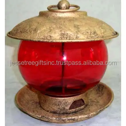 Decorative Metal & Red Glass Hanging Bird Feeder With Antique Gold Finishing Round Shape Premium Quality For Feeding Bird