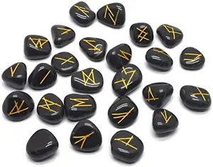 Natural Black Obsidian Steen Rune Set Gegraveerde Belettering 25 Pcs Stone Symbolen Oudere Futhark Alfabetten Reiki Crystal Healing