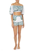 Accrocheur femmes haut et short robe traditionnelle bleu vert imprimé fleuri coton élastique