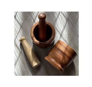 Ensemble de mortier et de pilon en bois rond avec base en bois purée d'épices à l'ail de petite taille pour l'emballage de boîte à sel - Product Image 4