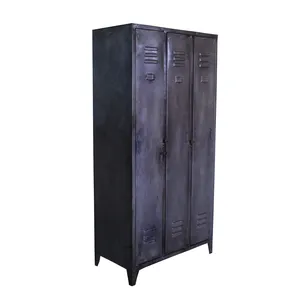 Vintage industrial 3 door metal almirah locker cabinet rustic farmhouse commercial locker cabinet industrial metal wardrobe unit