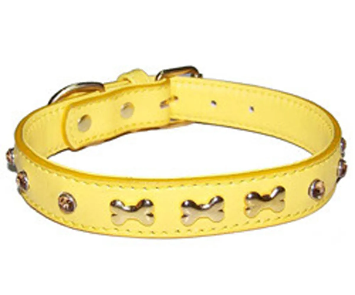 Elegante COLLAR de cuero para perro, ajustable con motivo de hueso de perro en COLOR amarillo