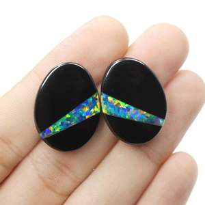 Boucles d'oreilles Bello en opale de feu synthétique et onyx noir doublet, taille ovale 25x18MM, pierres précieuses naturelles en vrac, paire de haute qualité - Product Image 3