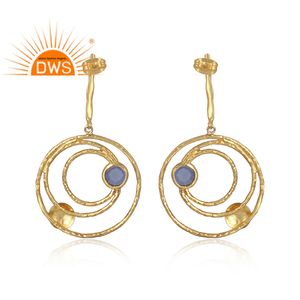 Blue Chalcedony Indian Brass <b>Gold</b> Plated Drop Stud Earring Fashion <b>Jewellery</b> Supplier for Women Gift for Her Classic Collection - Product Image 3