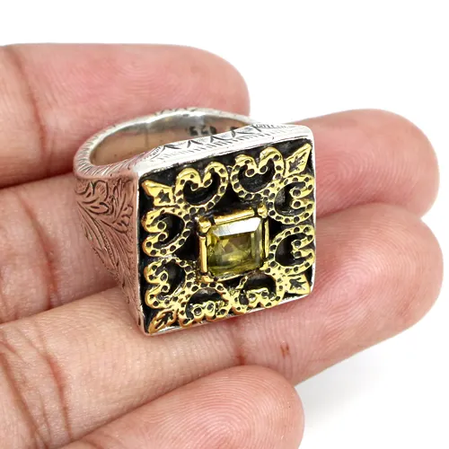 Plata esterlina 925 maciza dos tono diseñador de los hombres de la boda anillo de citrino natural anillos de piedras preciosas
