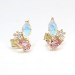 14K โซลิดโรสโกลด์มูนสโตนแท้และทัวร์มาลีนพลอยประดับเพชรต่างหูสตั๊ดผู้ผลิตเครื่องประดับจัยปุระ - Product Image 4