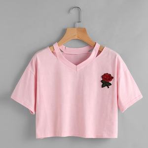 Shemax T-shirt décontracté en spandex pour femme grande taille à manches courtes col en V avec broderie décoration Textile doux - Product Image 6