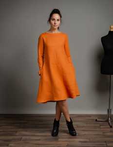 Nouvelle Arrivée Tendance : Robe en Lin Orange pour Femme, Coupe Sexy, Col Rond, Manches Longues, Longueur Genou, en Tissu Crêpe, Dernier Cri - Product Image 1