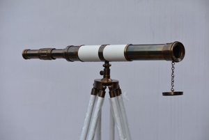 ขาตั้งกล้องทองเหลืองโบราณและหนังสีขาว27 "กล้องโทรทรรศน์พร้อมขาตั้งไม้สีขาว60" ขาตั้งกล้องแบบปรับได้ - Product Image 3