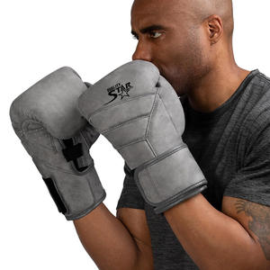 Guantes de boxeo de cuero sintético genuino con logotipo personalizado, uso de práctica de perforación resistente en color gris - Product Image 2