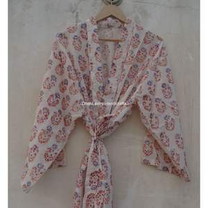 Blanc indien femmes Floral main bloc imprimé Hippie Style bohème Maxi robe Kimono grande taille en gros vêtements de nuit été longue - Product Image 6