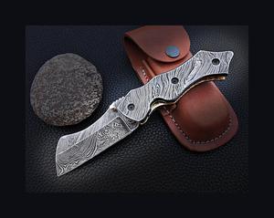 Couteau de poche pliant fait à la main en acier damas personnalisé de qualité bricolage utilisation extérieure avec gaine en cuir fin Support OEM - Product Image 1